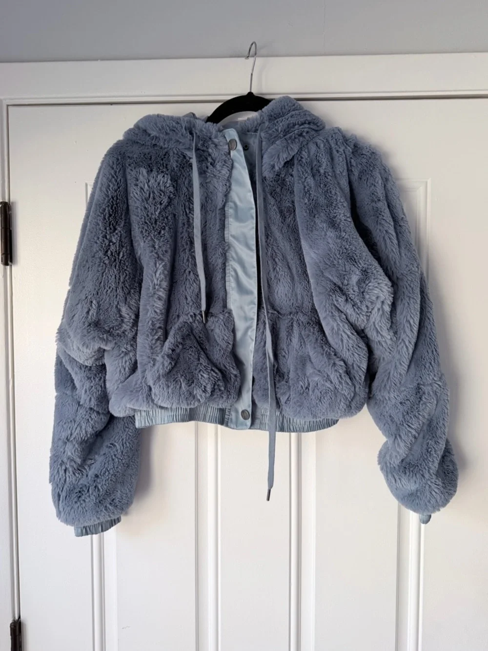 Free people size xs Love It Soft Hoodie Bomber Jacket Blue Grey Faux Fur - Picture 2 of 5